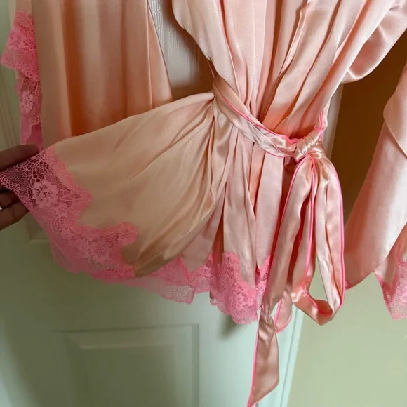 Victoria's Secret Blush Satin Robe with Pink Lace - Picture 3 of 6